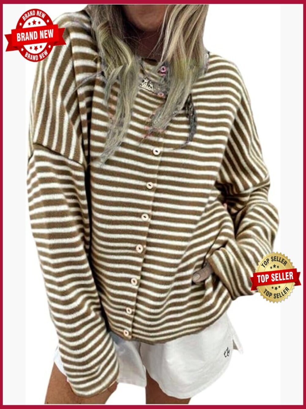 Striped Button Down Cardigan Sweater Long Sleeve Crewneck Loose Knit Tops
